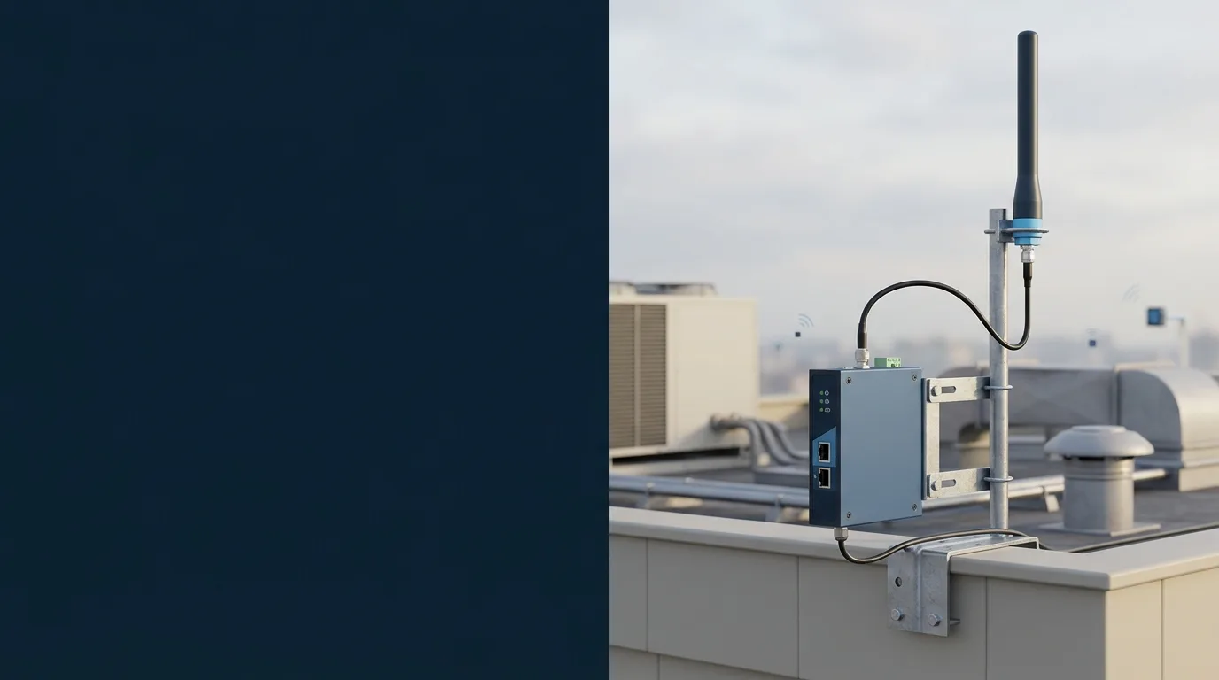 Antenne LoRaWAN 868 MHz reliée par câble à une passerelle industrielle sur une toiture.
