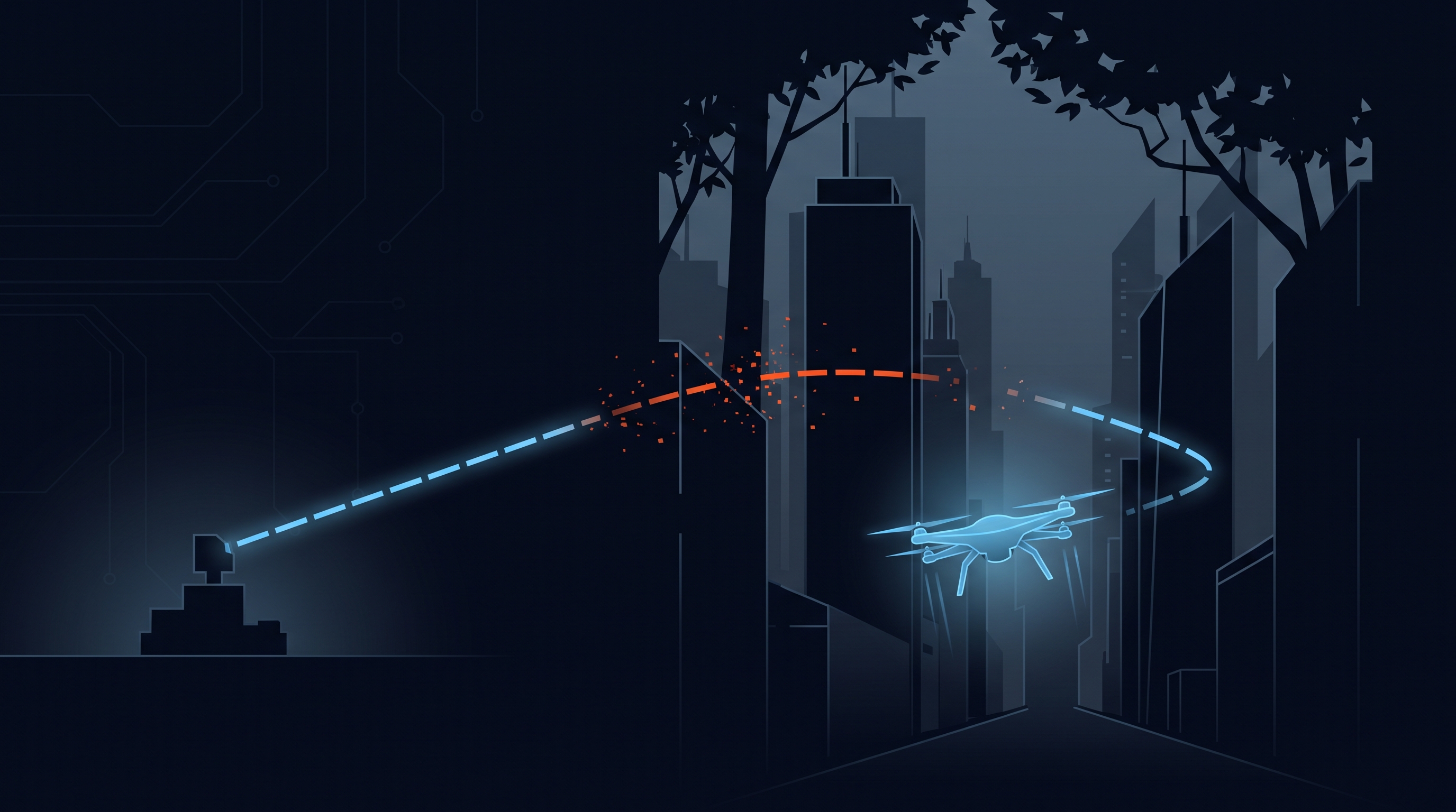 A drone flying through an urban canyon and under tree canopy where the real-time link to the base station drops out, illustrating the poor-signal conditions where PPK's after-the-fact processing is more reliable