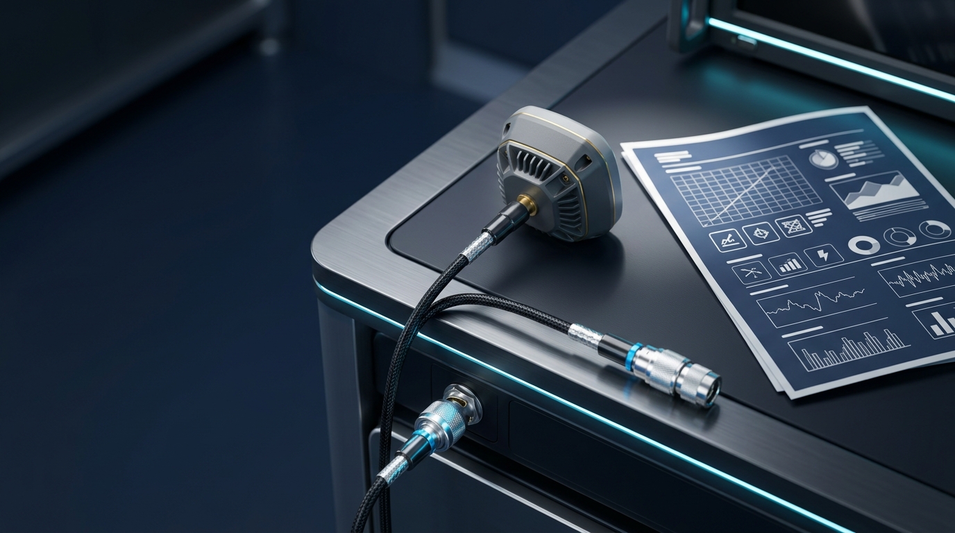 Antenne GNSS civile, câble coaxial et rapport d’essai technique examinés pour un projet de mesure.
