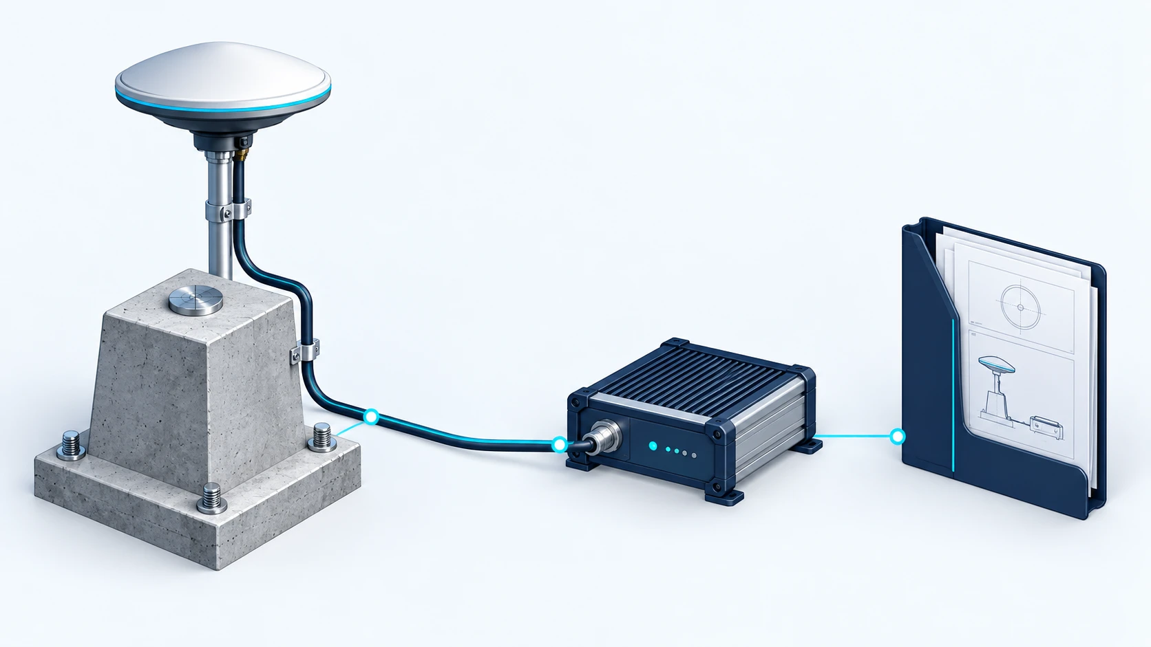 Chaîne de référence d’une station GNSS permanente reliant monument, antenne, câble, récepteur et dossier de configuration technique.